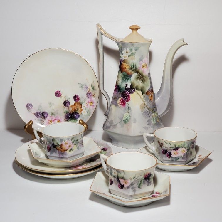 Antique Coffee Pot Teacups and Plates Berries Flowers