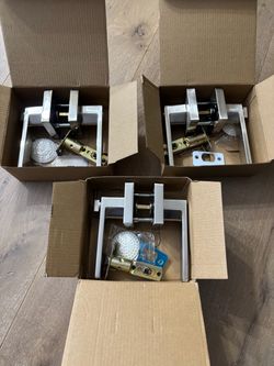 Satin nickel square doorknobs, lock