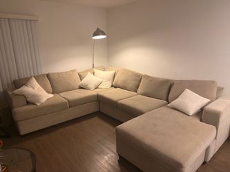 Large Beige Fabric Sectional Sofa with Chaise