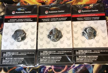 3x Pokémon Center Exclusive Metal Pins Bulbasaur Charmander & Squirtle 