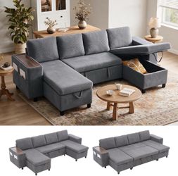 112.2'' Sectional Sofa with Storage Chaise, Pull-Out Sleeper & Tray๏ผGrey
