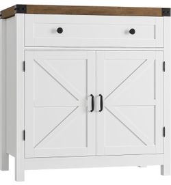 31.5"W Kitchen Storage Cabinet, Farmhouse Coffee Bar Cabinet, White Small Buffet Cabinet with Doors & Wide Drawer, Wood Sideboard Buffet, Entry Table 