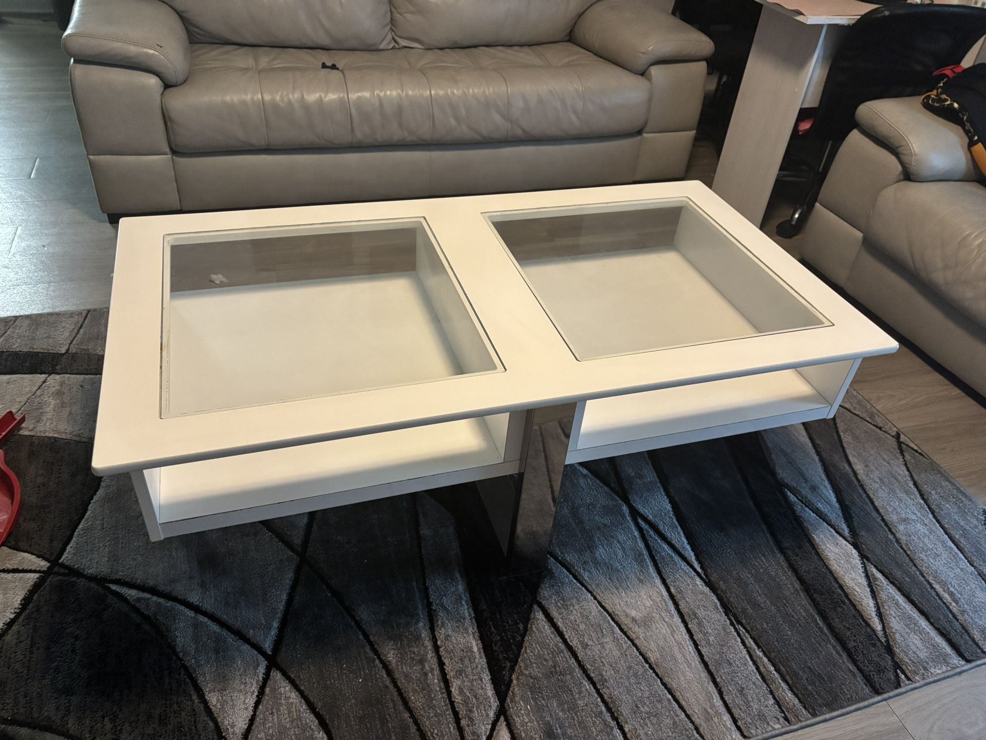 white glass coffee and side table.