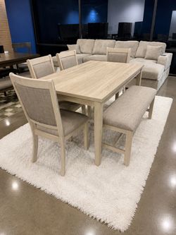 New Gray 6-Piece Dining Set — Table with 4 Upholstered Chairs $10 Down