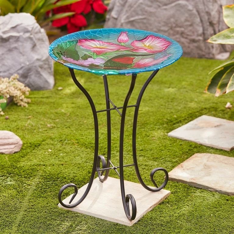 LuxenHome Hummingbird Floral Glass Bird Bath with Metal Stand,P1521