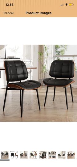 Dining Chairs Set of 2, Mid Century Modern Dining Room Chair, Upholstered Faux Leather Kitchen Chairs with Thick Cushion and Walnut Bentwood Back for 