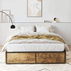 Queen Size Platform Bed Frame with 4 Sliding Large Storage Drawers, Metal Slats Support, Noise Free, Rustic Brown