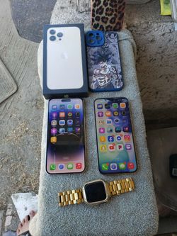 Paid off Unlocked Gold Iphone 13 Pro Max 256GB $375! The 14 pro Max 128GB $450. Nike apple watch is $230!  All 3 is $1,055 i can do $950! Firm trade w