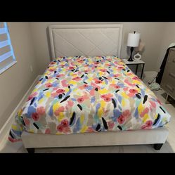 Queen Upholstered Bed with Mattress – Diamond Tufted Headboard