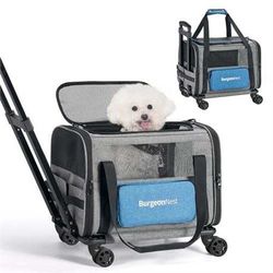 BurgeonNest Cat Carrier with Wheels, Airline Approved Pet Carrier for Cats Dogs 15 lbs with Telescopic Handle, Small Dog Carrier with Wheels Removable
