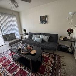 Dark Gray Sofa bed With Light Gray Love Seat AND Black Coffee Table and 2 Console Tables 