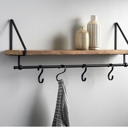 Pottery Barn Lucy Mango Wood Shelf With Hooks