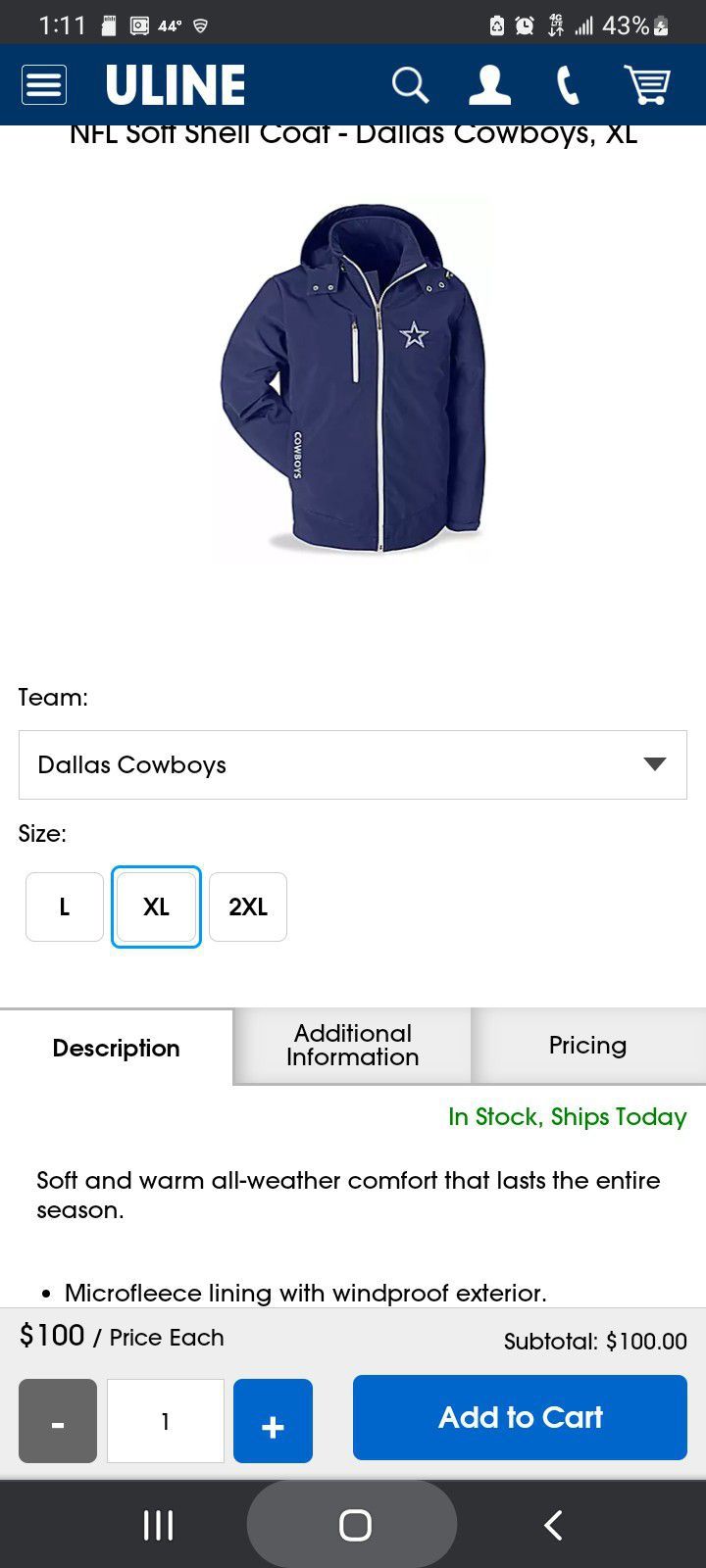 Brand New XL Dallas Cowboys Uline Jacket With Hoodie, From Uline Website