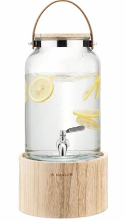 Navaris Glass Drinks Dispenser with Tap - 5.6L (1.5 Gallon) Beverage Dispenser with Wooden Stand and Stainless Steel Spigot - for Hot or Cold Drinks
