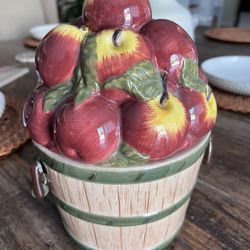 Vintage Ceramic Apple Bushel Canister Cookie Jar Basket