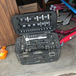 Tool Box With Some Tools Socket Wrench And Sockets 