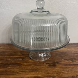 Vintage 11 In Glass Dome Cake Plate Stand Platter Clear Ribbed Covered Pedestal
