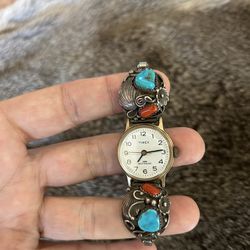 Navajo Watch - Silver/Turquoise/Coral 