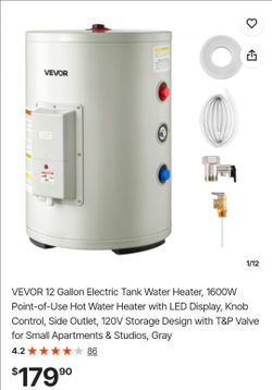 VEVOR 12 Gallon Electric Tank Water Heater, 1600W Point-of-Use Hot Water Heater with LED Display, Knob Control, Side Outlet, 120V Storage Design with 