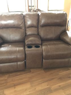 Ashley leather powered sofa, love seat glider and swivel rocker recliner