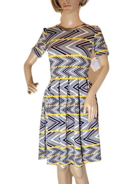 NWT Lularoe Amelia Dress XS Purple Yellow Chevron Geometric