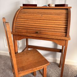 Rare Vintage Roll Top Desk And Chair