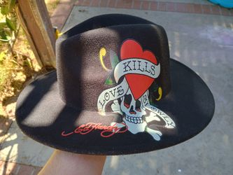 Ed Hardy Black Fedora Hat Skull Tattoo/Rose/Dragon “Love Kills Slowly”