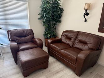Brown Leather Sofa, Chair & Ottoman – 3 Piece Set