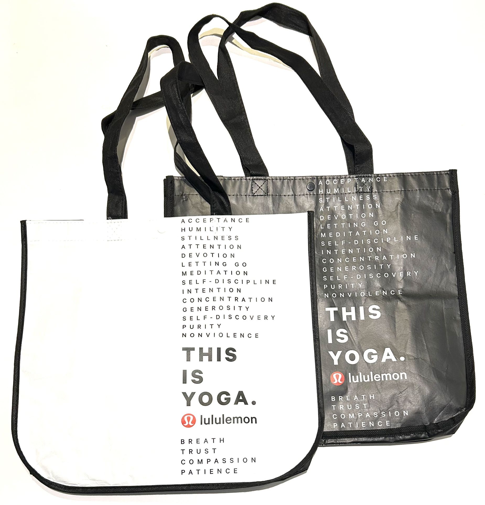 New! Set Of 2 Lululemon Large 15”x14”Reusable Shopping Tote Bags “This is Yoga”