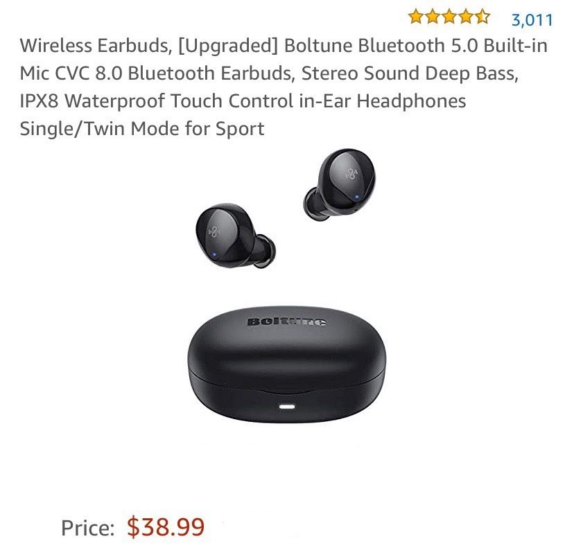 🎧 Wireless Earbuds, [Upgraded] Boltune Bluetooth 5.0 Built-in Mic CVC 8.0 Bluetooth Earbuds, Stereo Sound Deep Bass, IPX8 Waterproof Touch Control in