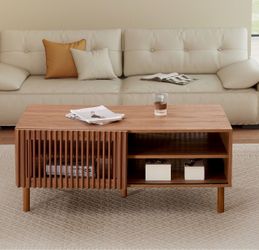 44’’ Mid Century Modern Coffee Table with Storage, Wood Center Table with Sliding Door and Open Shelves for Living Room (Walnut)