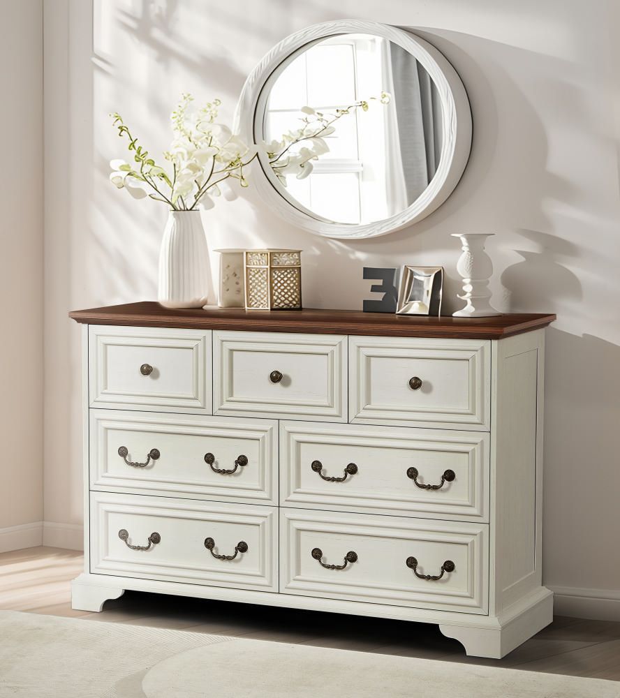 Farmhouse 7 Drawers Dresser for Bedroom, Rustic Chest of Drawers with Natural Texture, Vintage Design, Storage Dressers Organizer for Bedroom, Living