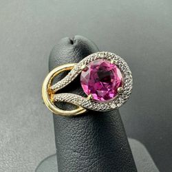 10k two tone gold diamond and pink stone ring size 5