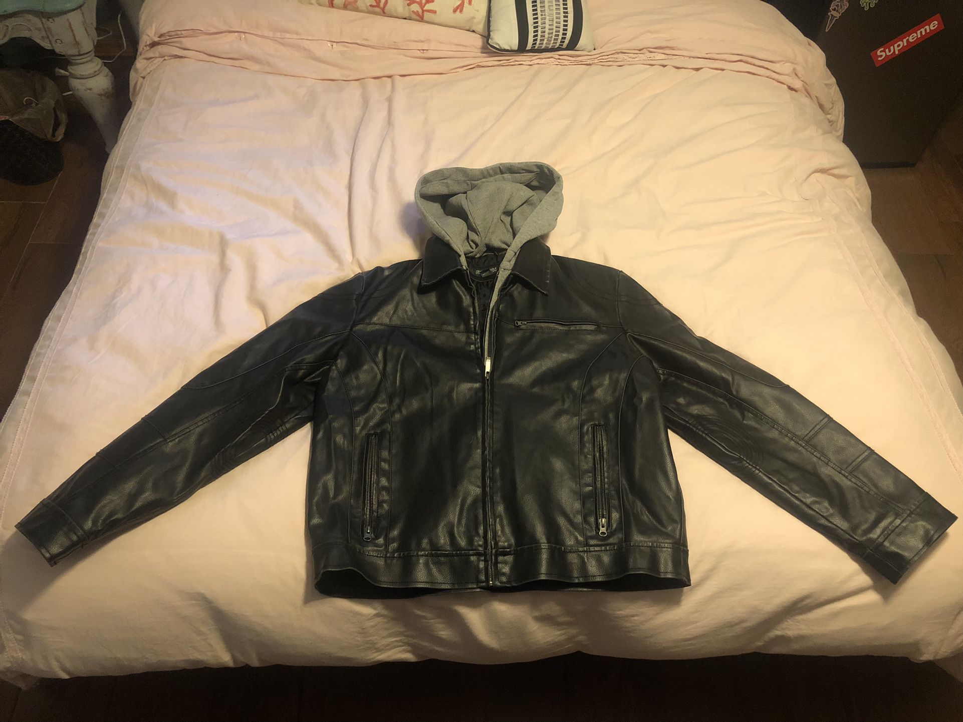 Kenneth Cole Mens Faux Black Leather Moto Jacket With Detachable Sweatshirt Hood