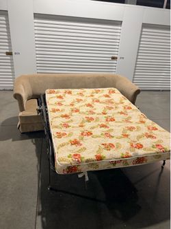 MCM style beige deep sleeper-sofa with pull queen beed