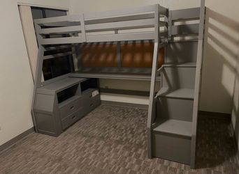 Gray Loft Bed with Desk and Storage Stairs