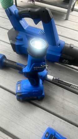 Kobalt brushless leaf blower and weedeater. Also includes flashlight and USB charger.