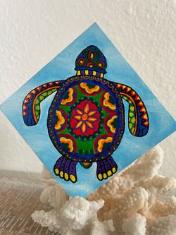 Original Sea Turtle Mandala Painting on Wood Tile - Approx 4 inches