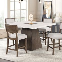 DARK WALNUT MARBLE TOP 5 PIECE COUNTER HEIGHT DINING TABLE SET