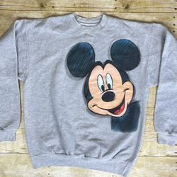 Vintage Mickey Mouse Big Face Front & Big Back Graphic Grey Sweater Hanes Medium