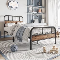 Twin Metal Bed Frame with Heavy Duty Steel Slat,Hearboard and Footboard No Box Spring Needed Easy Assembly