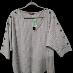 Casual Knit Vneck Sweater, 3/4 Sleeves With Decorative Detail