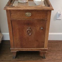 Antique Cabinet Side Table Oak With Glass Top And Drawer