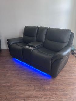 Grey Faux Leather Reclining Loveseat with LED Lights