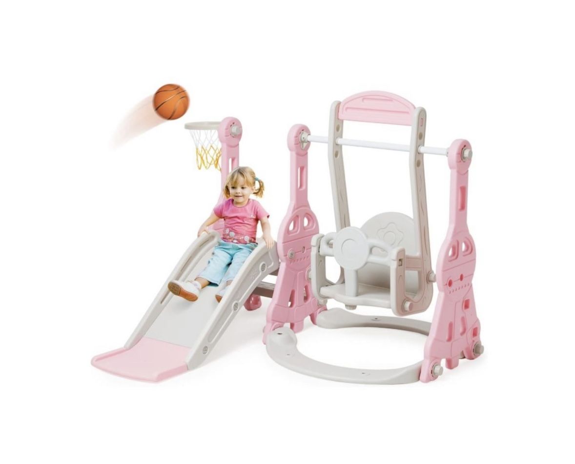 Toddler Slide and Swing Set 4 in 1 Baby Slide Climber Playse with Swing Slide Climber and Basketball Kids Slide and Swing Set V037