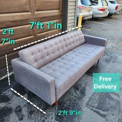 Free Delivery | Gray Long Mid Century Modern Tufted Sofa/ Couch 