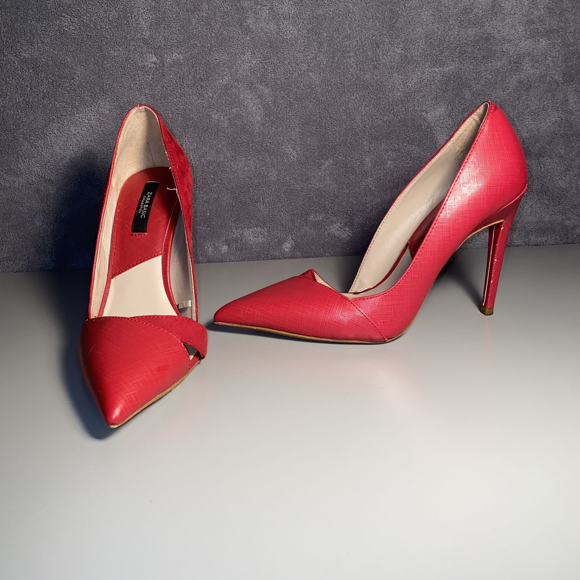 Zara Basic Collection Womens 6.5 37 Red Leather & Suede Pointy Toe 4” Heels