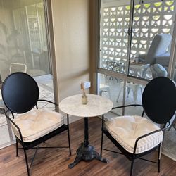 Marble Top Bistro Table And Two Iron Chair 