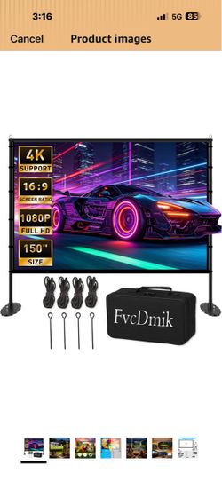 150 inch Projector Screen with Stand, 16:9 4K HD Portable Outdoor Movie Screen, Wrinkle-Free Foldable Indoor Projection Screen with Carry Bag & Ground
