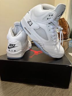 Air Jordan 5 White Sneakers with Box. Size 8 1/2 pick up in Inglewood.